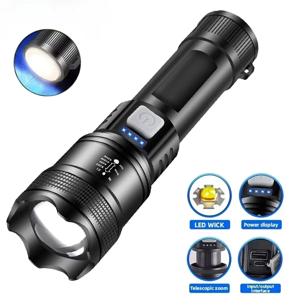 A black telescopic LED flashlight with a digital display and various accessories shown on the side.