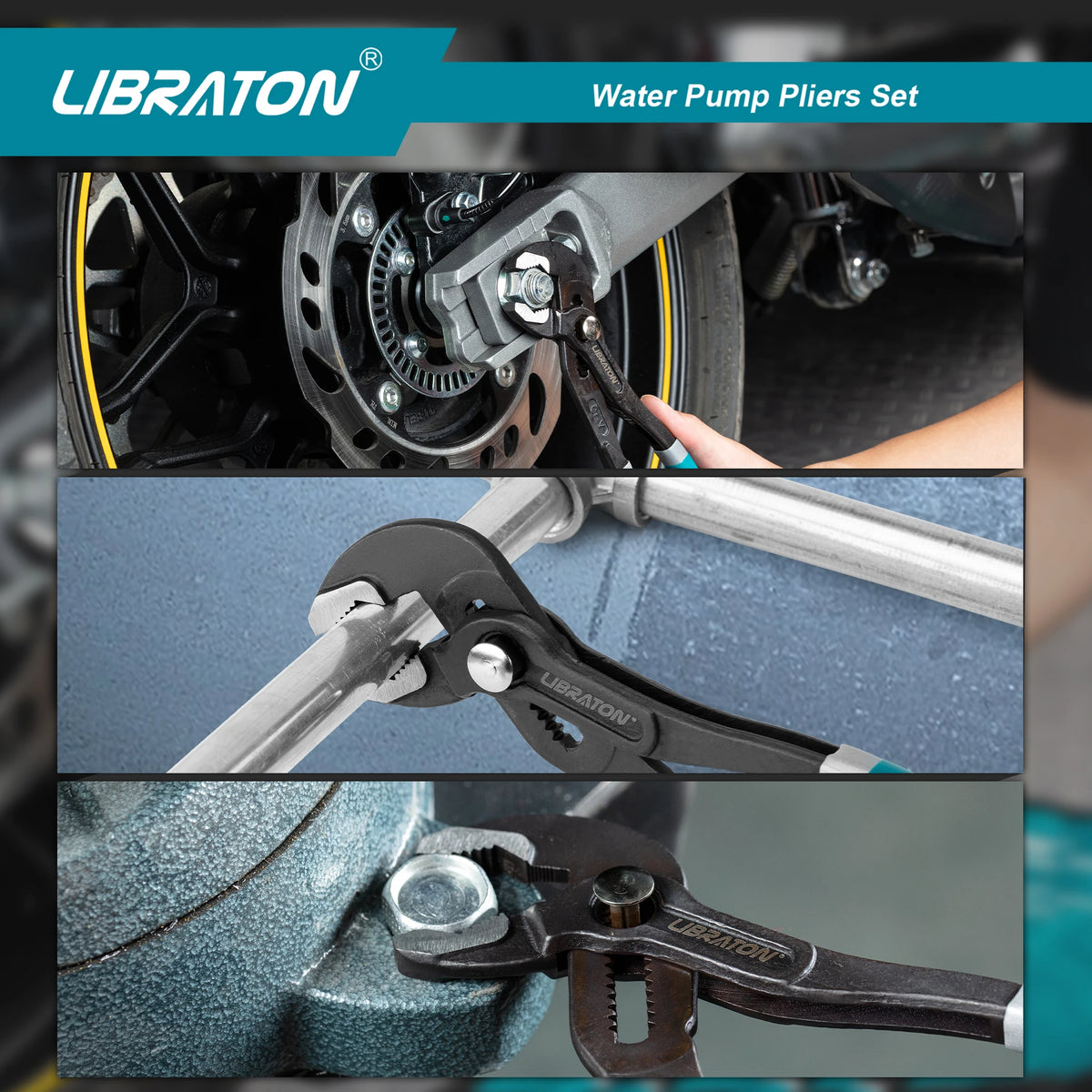 A set of black and silver adjustable water pump pliers shown in use on a mechanical component.