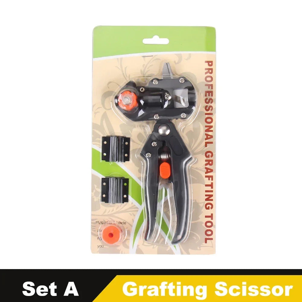 A set of professional grafting and pruning tools packaged in a green plastic sleeve.