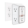 A white 6-in-1 universal power strip with multiple outlets and USB charging ports.