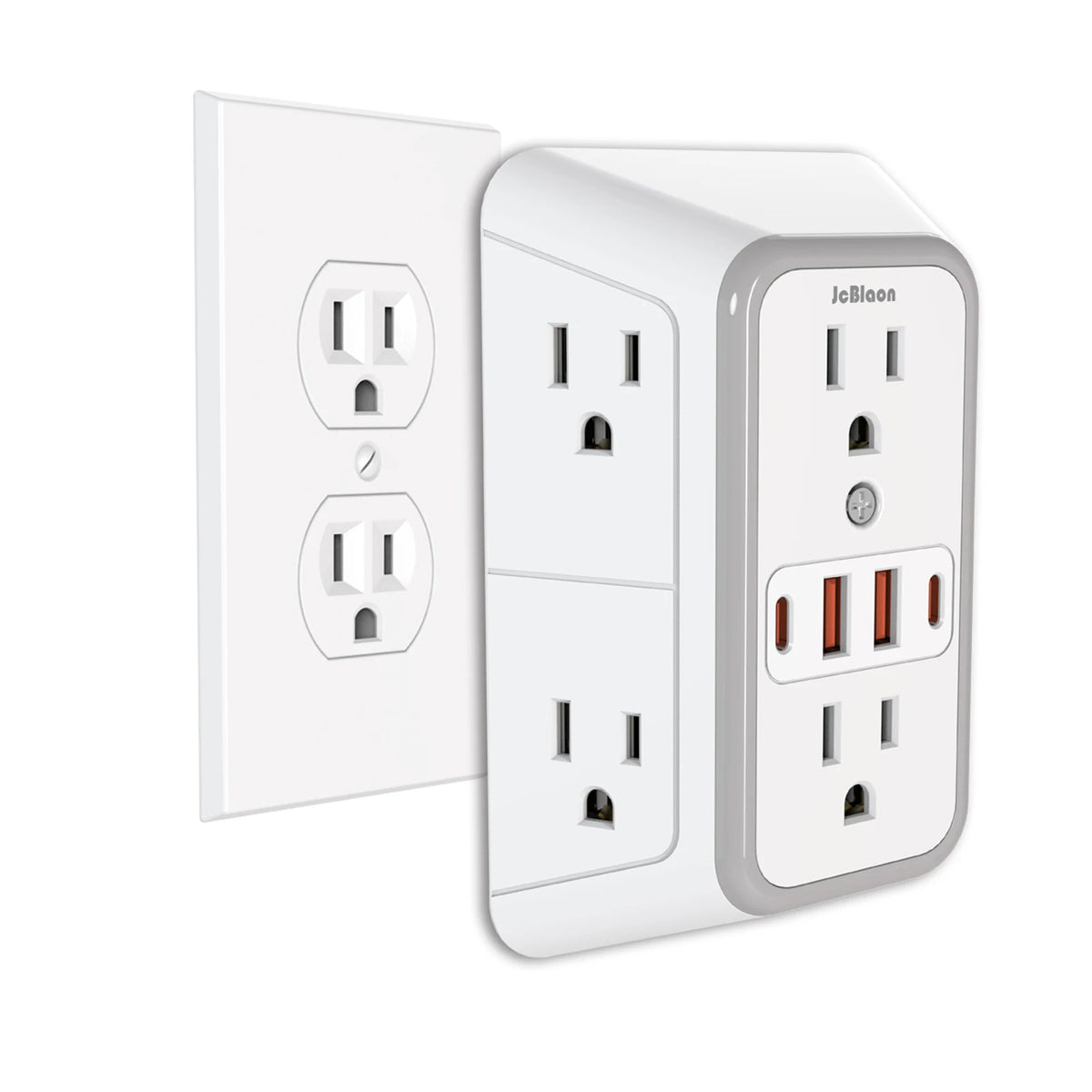A white 6-in-1 universal power strip with multiple outlets and USB charging ports.