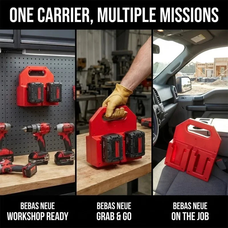 Red heavy-duty portable battery storage racks shown in various configurations and usage contexts.