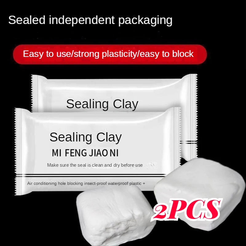 Two pieces of white sealing clay putty with packaging and a separate block shown for household patching