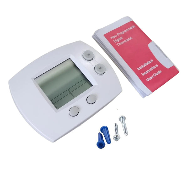 A white digital thermostat with a display and buttons, along with installation screws and a wrench.