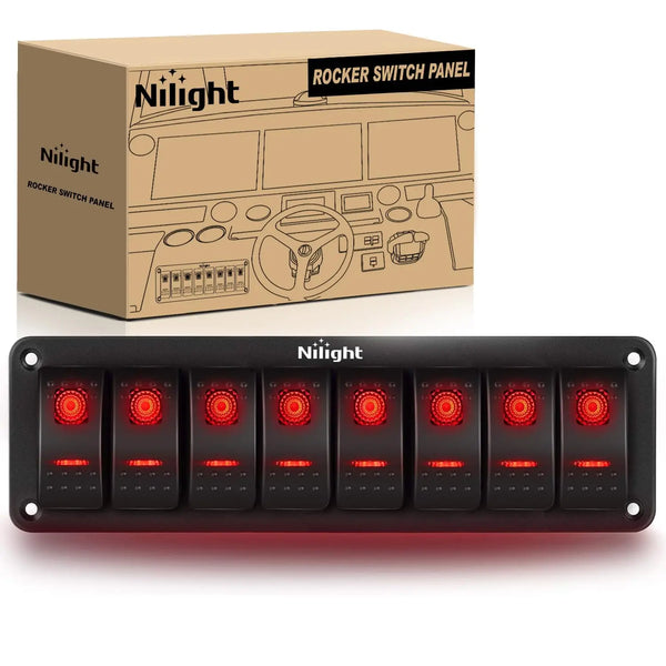 A black rocker switch panel with red indicator lights is shown next to its packaging box.