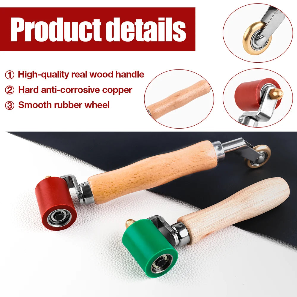 A wooden handle tool with a metal roller and green silicone grip shown against a white background.