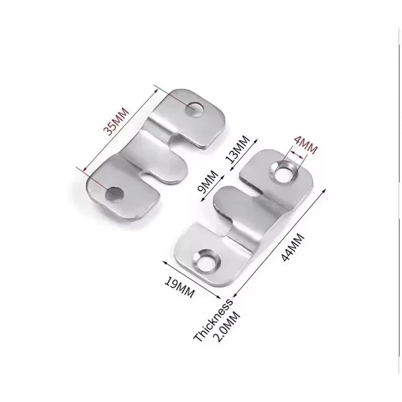 A stainless steel hanging picture frame with various sized mounting holes and thickness measurements.