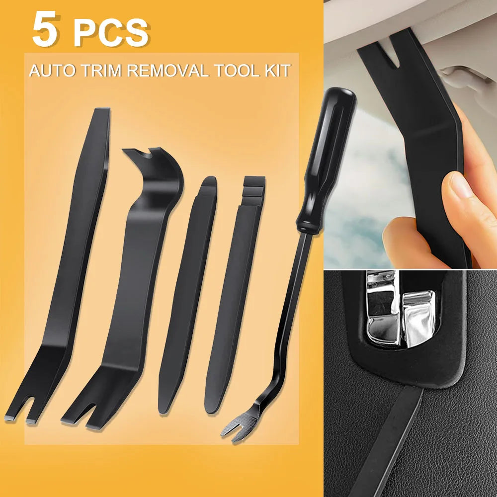 Un jeu de cinq outils noirs pour retirer les clips de fixations et réparer les pare-chocs automobiles
