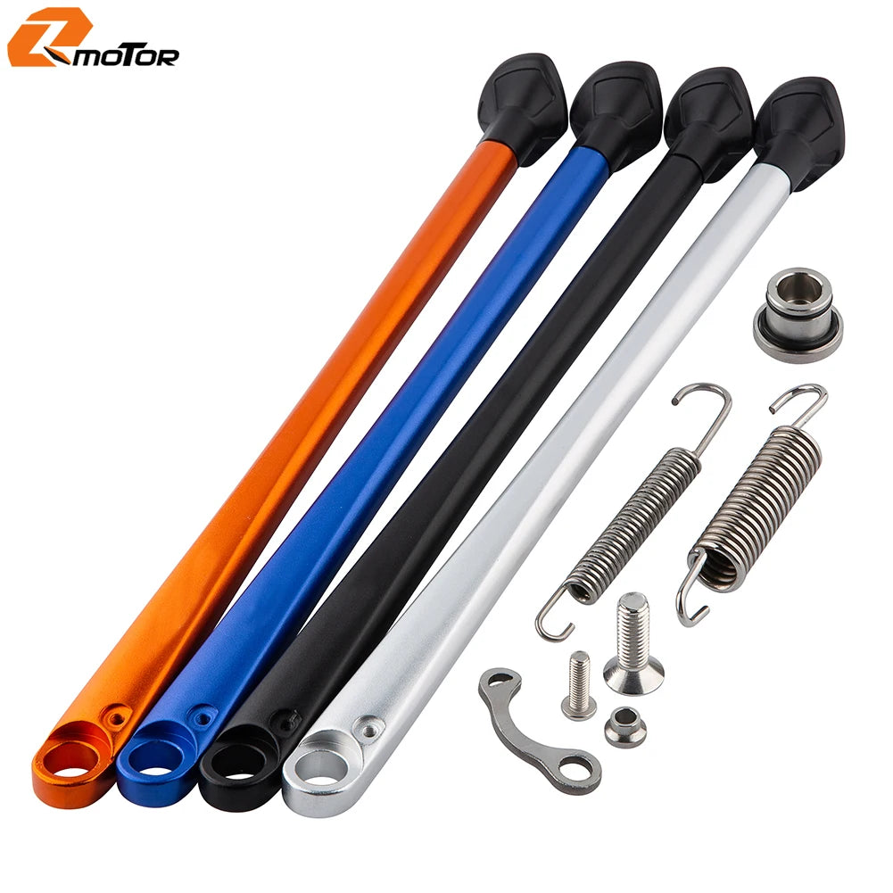 A set of black, blue, and orange motorcycle side stand kickstands with various mounting hardware.