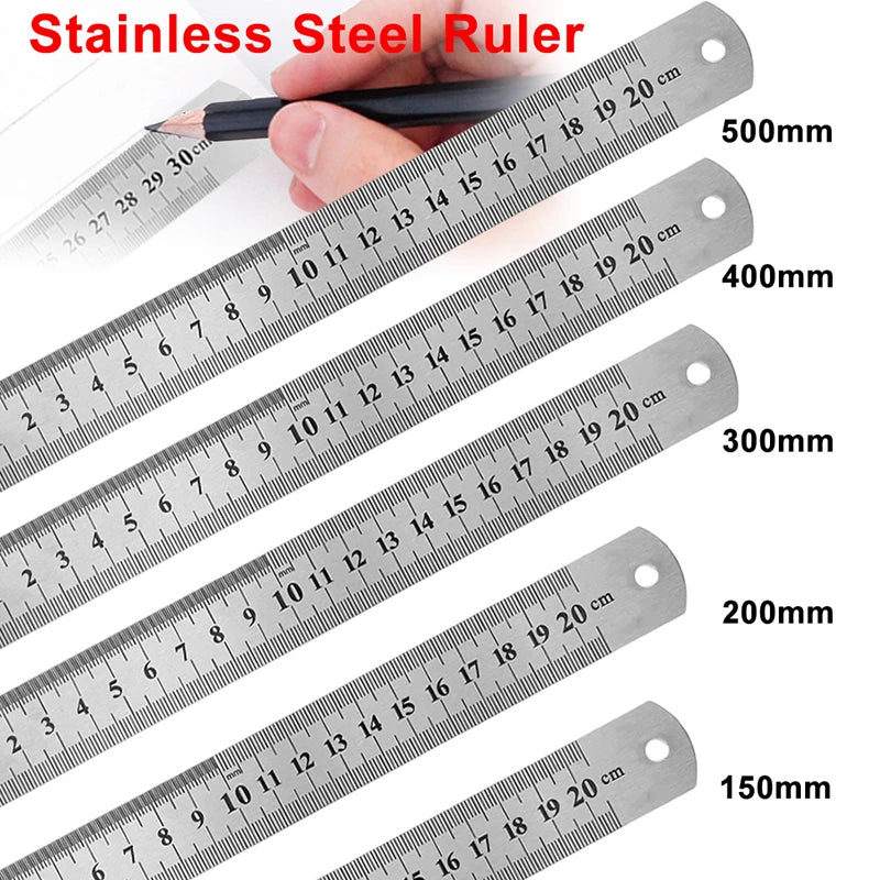 A set of stainless steel rulers showing various lengths from 150mm to 500mm