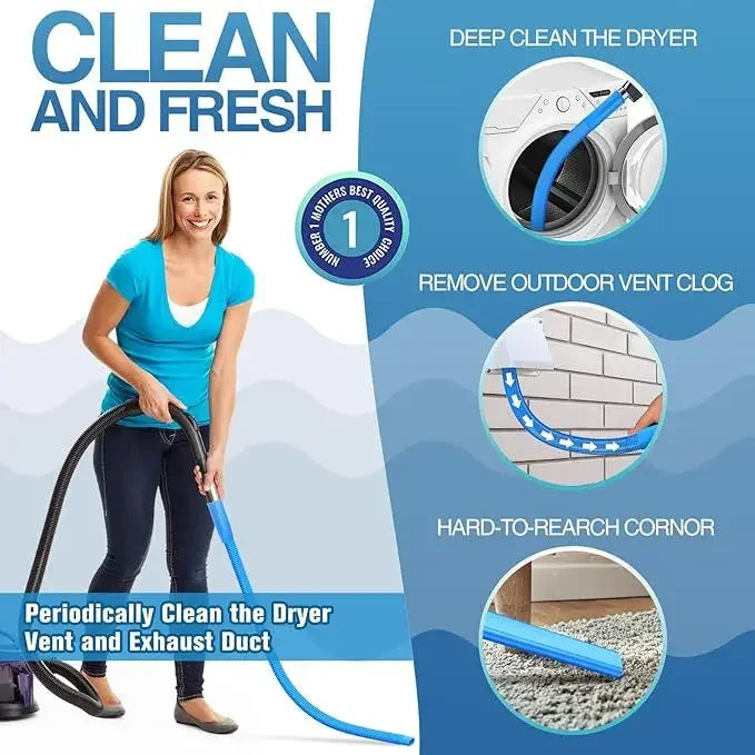 A woman is cleaning a dryer vent with a flexible hose, demonstrating how to clean and keep the dryer fresh.
