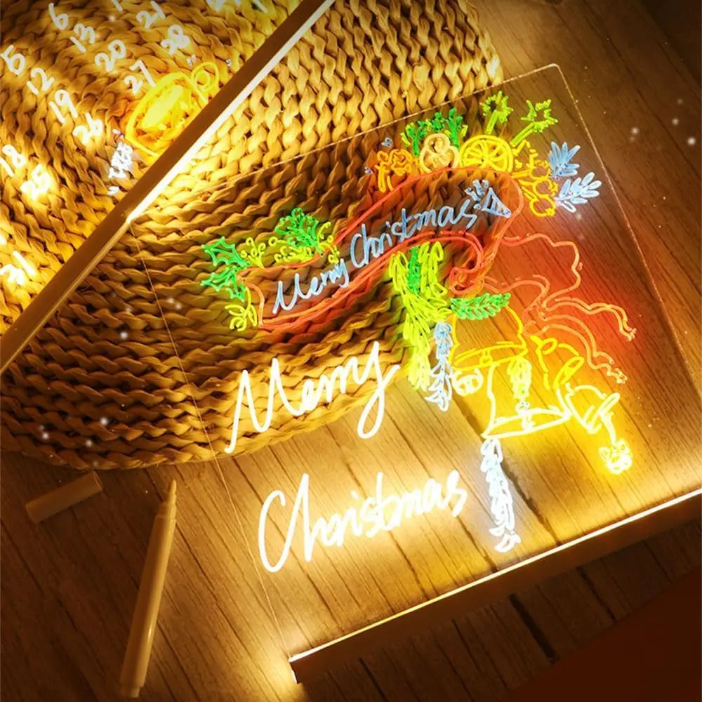 LED acrylic message board with a woven basket design featuring glowing Christmas messages and lights.