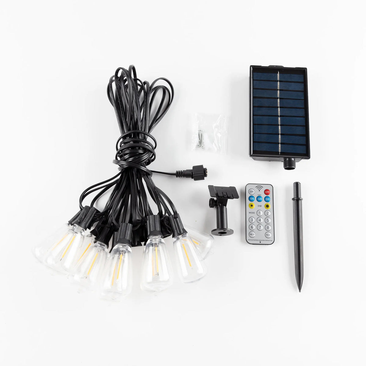 Shatterproof solar string lights with remote control, including the lights, wires, solar panel, and remote.