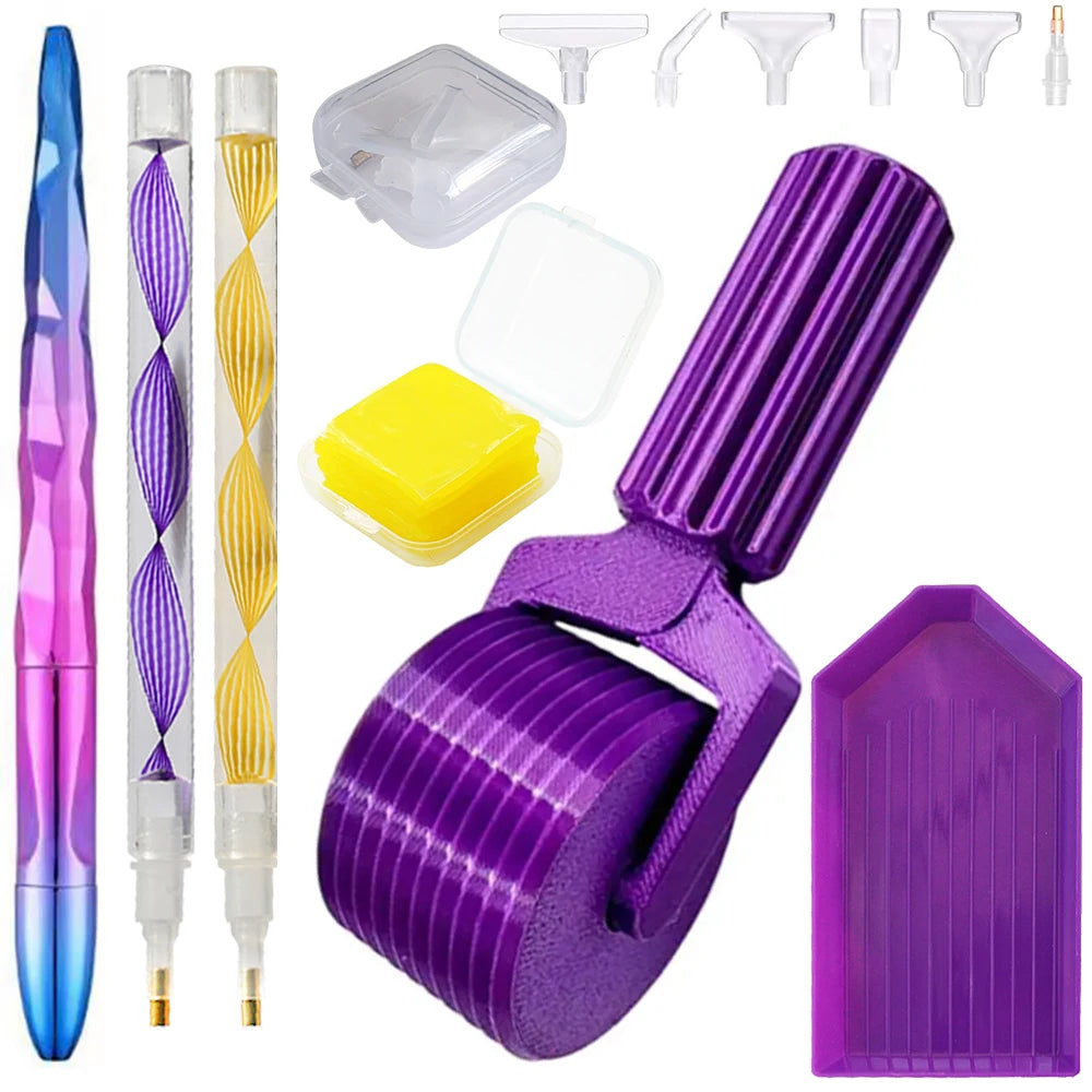 Un set d'outils de rouleau pour peinture de diamants violets, de différentes tailles et formes pour broderie et artisanat.