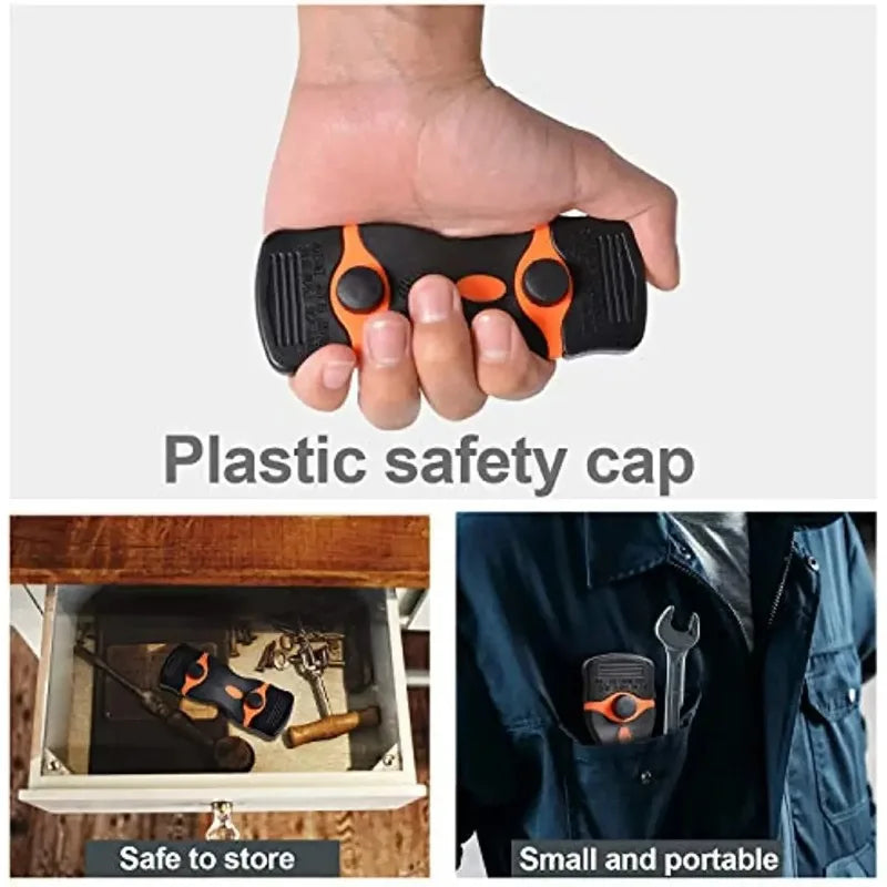 A hand holds an orange and black plastic safety cap, demonstrating its small and portable size.