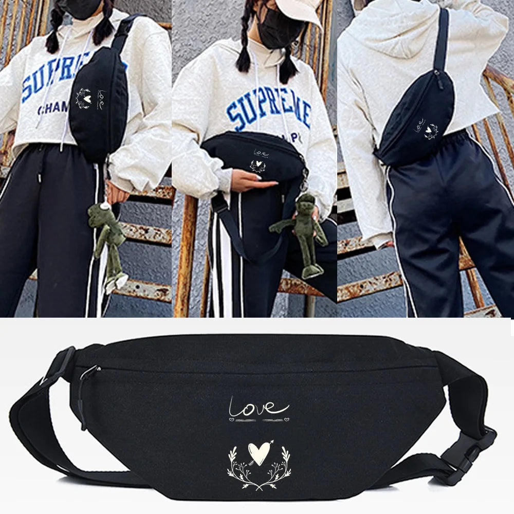 Black linen crossbody waist bag with a heart embroidery detail