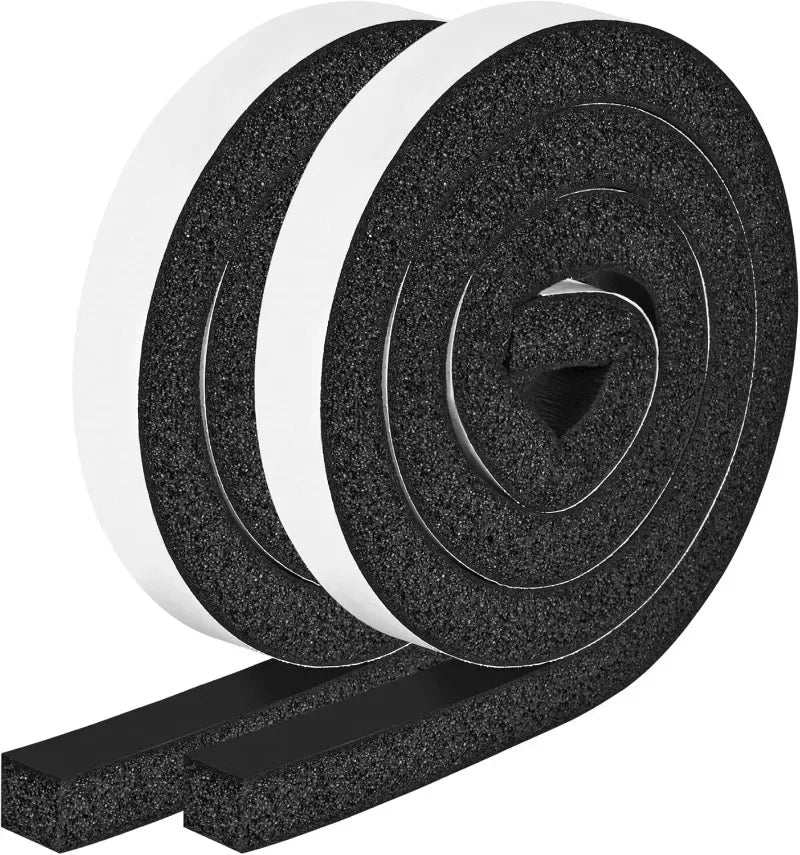 Rolls of thick black foam window sealing strips for insulation shown spiraled.