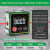 Digital aluminum angle gauge device showing a level reading and specifications for length, height, width, and weight