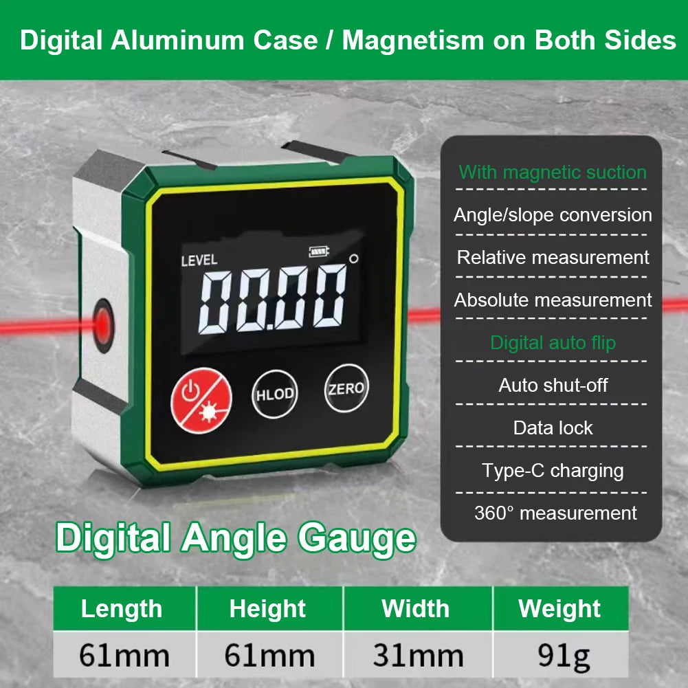 Digital aluminum angle gauge device showing a level reading and specifications for length, height, width, and weight