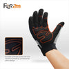 A close-up view of a black work glove with orange accents, showing the durable synthetic palm and professional utility design