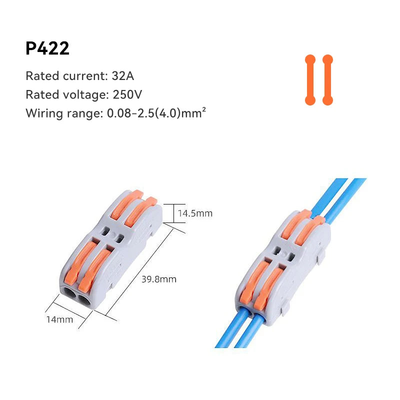 A set of white electrical push-in connectors with orange wires and blue insulated leads.