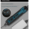 A cordless electric screwdriver with a USB interface cable shown next to a white charging block.