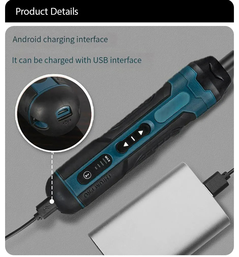 A cordless electric screwdriver with a USB interface cable shown next to a white charging block.