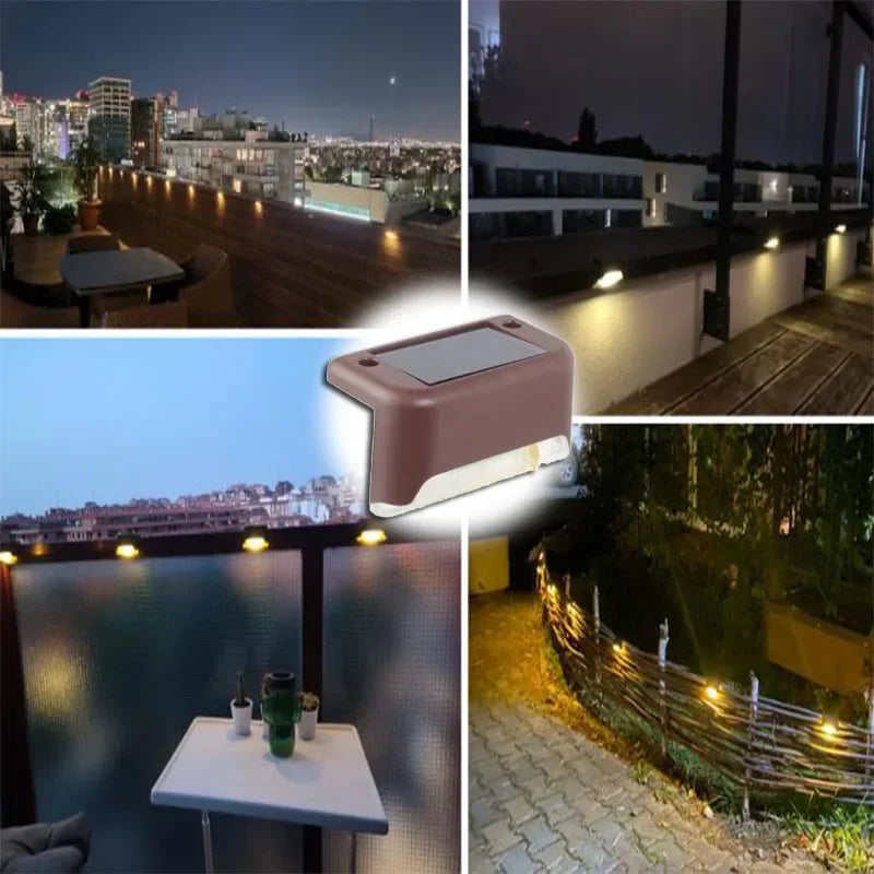 A solar powered deck and pathway light fixture illuminating a wooden deck and surrounding area at night.