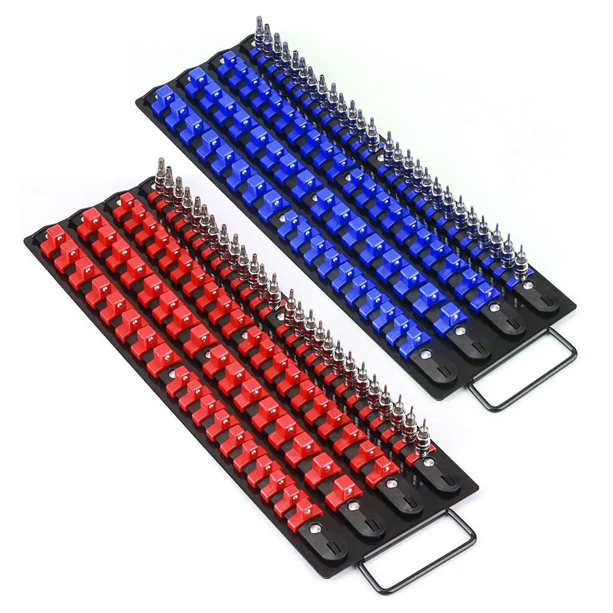 A black socket organizer rack with multiple rows of blue and red sockets.