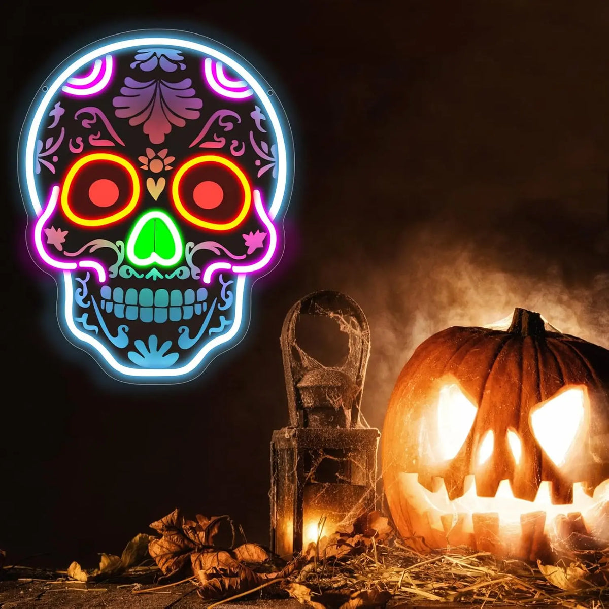 A glowing neon skull sign with colorful internal lights floats above a carved pumpkin and autumn leaves.