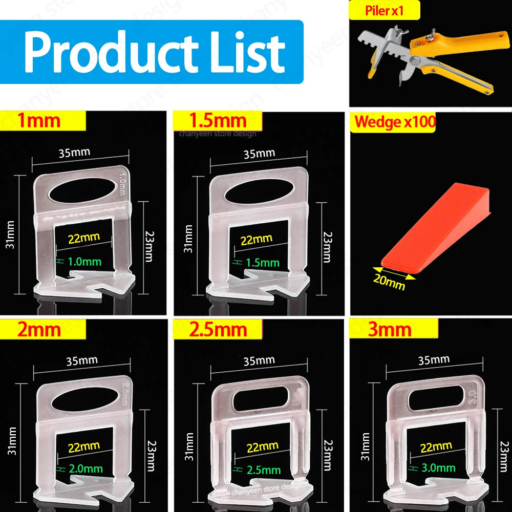 A list of tile leveling and spacing tools including 1mm, 1.5mm, 2mm, and 3mm wedges.