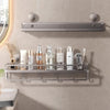 A silver wall mount shower caddy organizer displaying various skincare and grooming products.