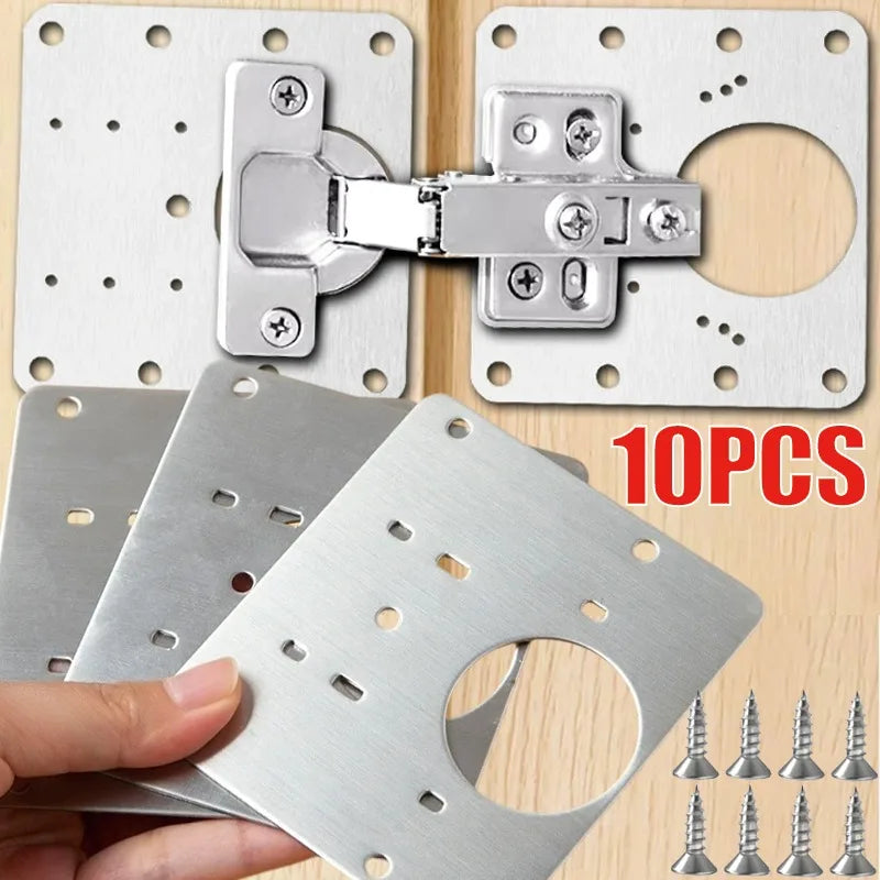 A set of ten stainless steel cabinet door hinge repair plates and mounting brackets.