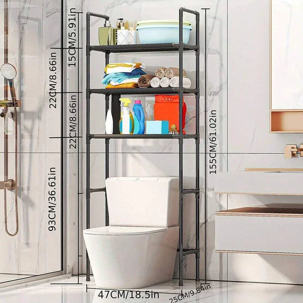 A black multi-layer bathroom storage rack with shelves holding various toiletries and a toilet.