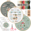 A collection of embroidery and cross-stitch practice kits featuring various threads, needles, and fabric pieces.