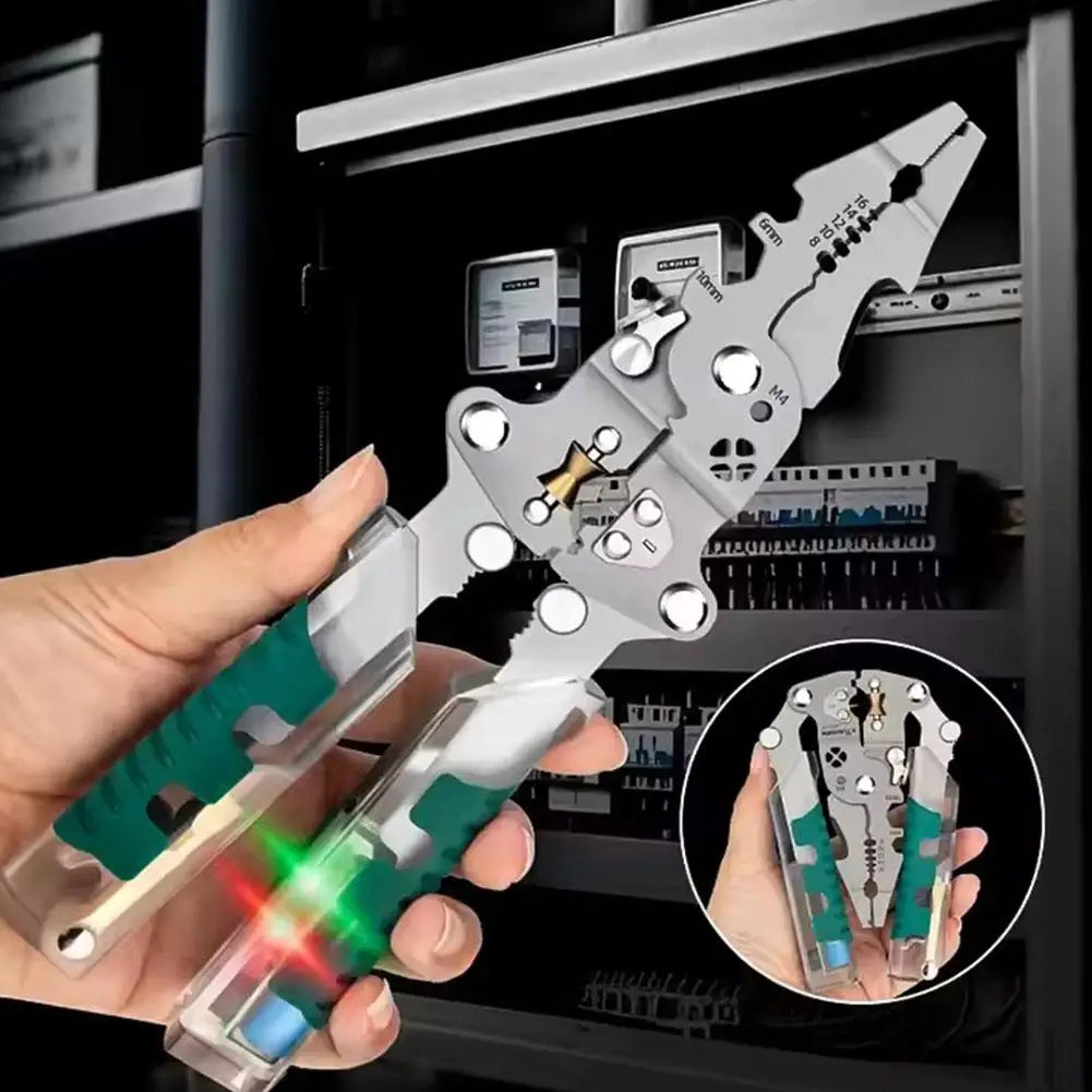A hand holds a multi-functional electrical wire stripping pliers with green and silver handles, shown next to a box.