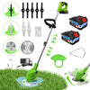 A green 2-in-1 cordless electric lawn trimmer with various attachments and a cutting head operating on grass.