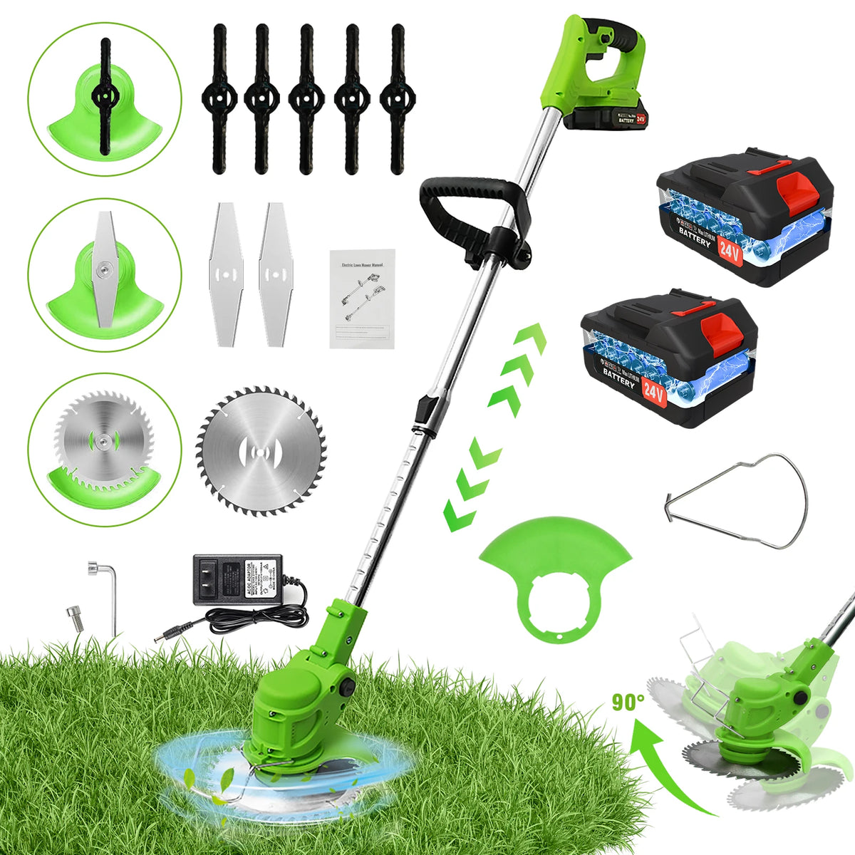 A green 2-in-1 cordless electric lawn trimmer with various attachments and a cutting head operating on grass.