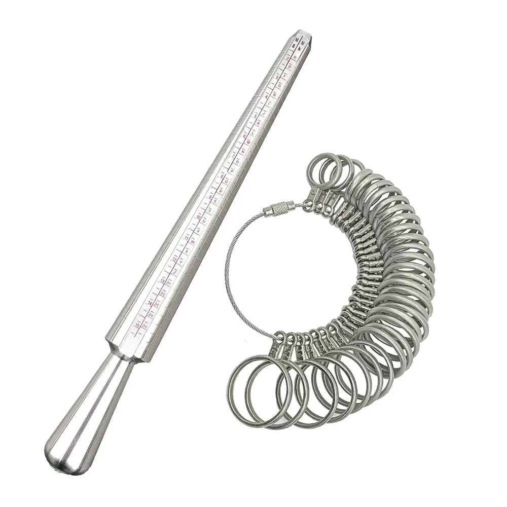 A precision metal ring sizer kit with a graduated ruler and multiple rings for measuring jewelry sizes.