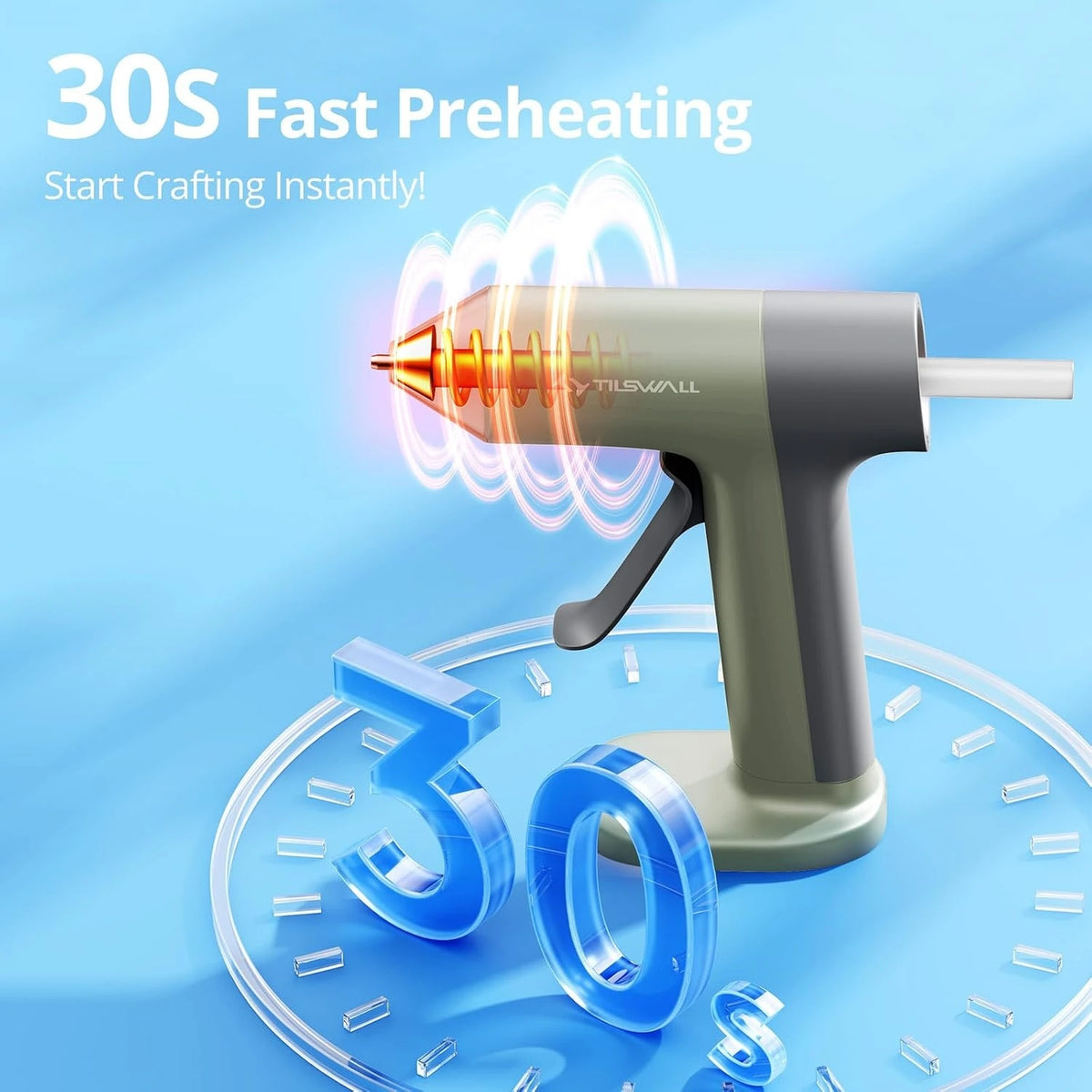 A cordless hot glue gun is shown with a 30S fast preheating feature, positioned above a clock face.