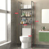 A tall, black metal multi-layer bathroom storage rack with various compartments and a toilet visible in a modern bathroom set