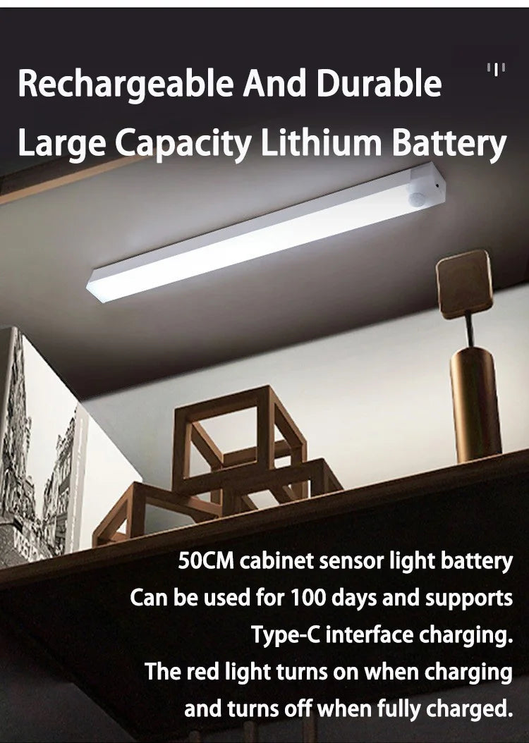 Lange weiße LED-Lichtleiste montiert auf einem Schrank, illustriert ein wiederaufladbares und langlebiges Lithium-Akkuprodukt