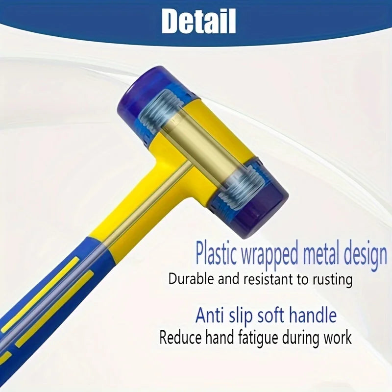 A close-up of a yellow and blue plastic wrapped metal hammer with an anti-slip soft handle.