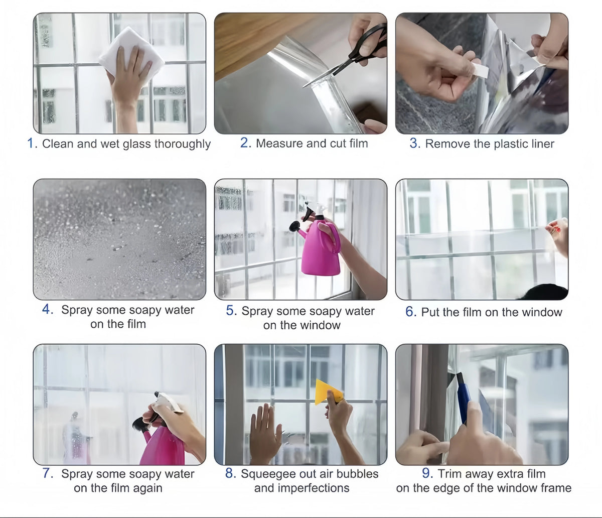 A nine-step process showing how to clean, measure, cut, and apply an opaque privacy window film onto a glass surface.