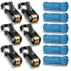 A set of six heavy duty black and gold retractable rope tighteners shown in various forms.