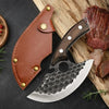 A forged stainless steel boning knife with a wooden handle and bottle opener resting on a wooden cutting board.
