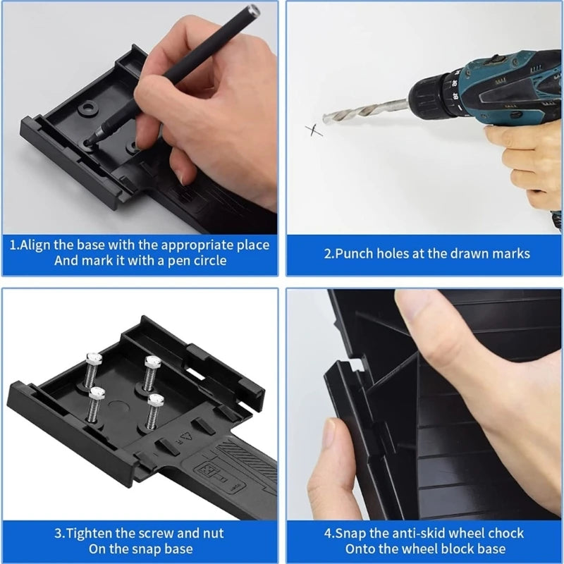 Step-by-step instructions showing how to use heavy-duty tire chocks for vehicle safety