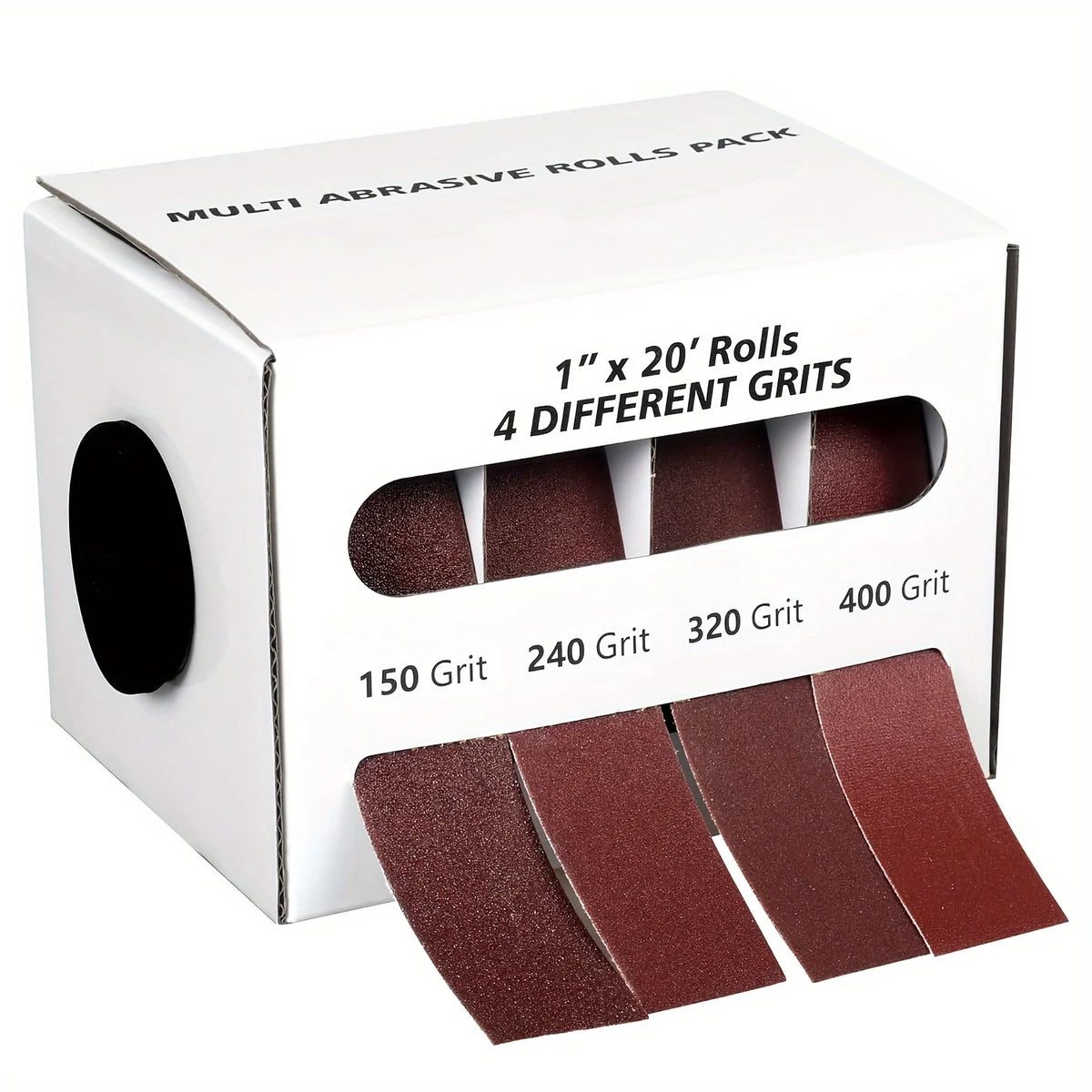 A box of multi abrasive rolls containing four different grits of sandpaper for use with a dispenser.