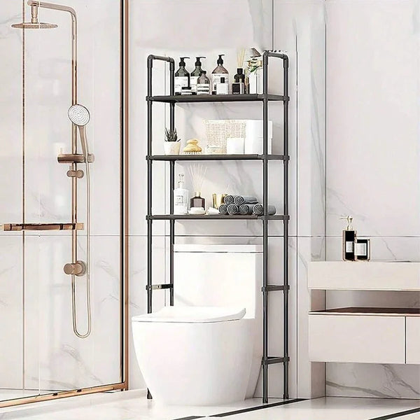 A black multi-layer bathroom storage rack with shelves and a toilet visible in a modern bathroom setting.
