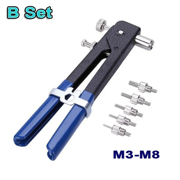 A black precision rivet gun kit with blue handles and M3-M8 rivets.